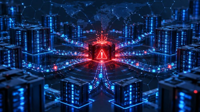 Abstract dark navy network infrastructure illustration: glowing deep-blue server racks and encrypted data streams converging on a single red pulsing warning node at the center, with a faint hexagonal grid overlay. Editorial artwork for The IT Guys story about Cisco Expressway CVE-2026-76466, a critical unauthenticated remote code execution vulnerability. Contains no text, no logos, and no readable interfaces.
