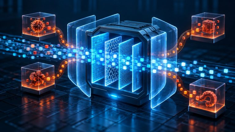 Original editorial illustration of a network intrusion-detection engine filtering blue data streams through layered shields while orange threat fragments are isolated. Created for The IT Guys coverage of Cisco’s October 2026 Snort 3 security hardening release. No text or logos.
