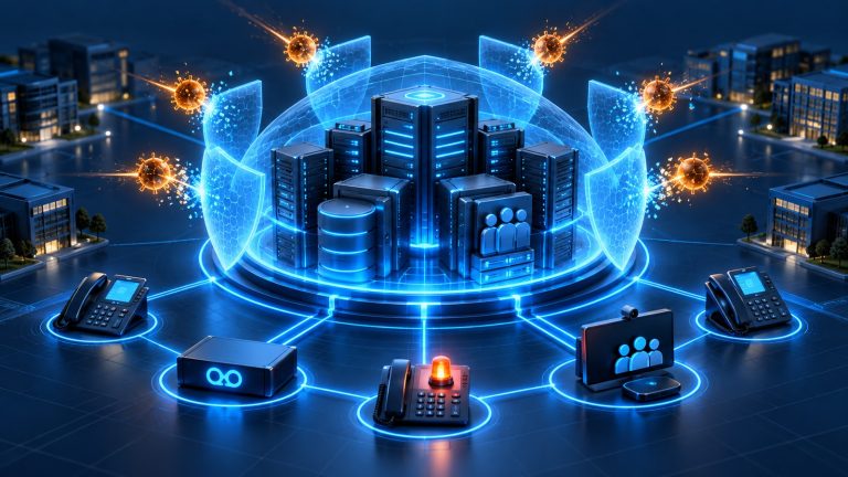 Original editorial illustration of an enterprise communications hub, desk phones, voicemail and collaboration servers protected by layered blue shields while amber threat nodes are isolated. Created for The IT Guys coverage of Cisco’s October 2026 Unified Communications security hardening release. No text or logos.