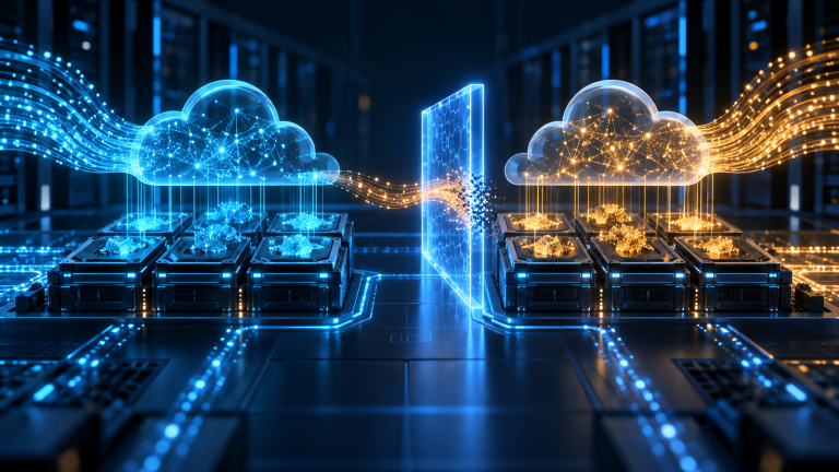 Two cloud AI data streams over separate server arrays with an amber cross-connection stopped by a blue barrier.