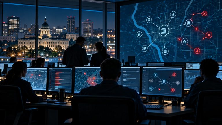 Original editorial illustration of a municipal operations center monitoring disrupted digital service connections at night.