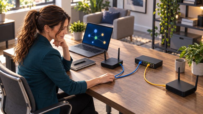 Jennifer Hudsen traces blue and amber Ethernet cables from two unbranded routers to a small network switch while comparing the network on a laptop.