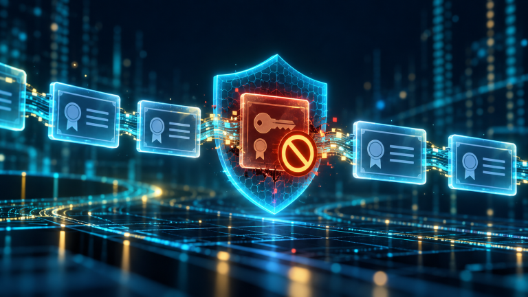 AI-generated illustration of a glowing certificate chain centered on a key-bearing certificate blocked by a cyan shield and amber prohibition symbol.