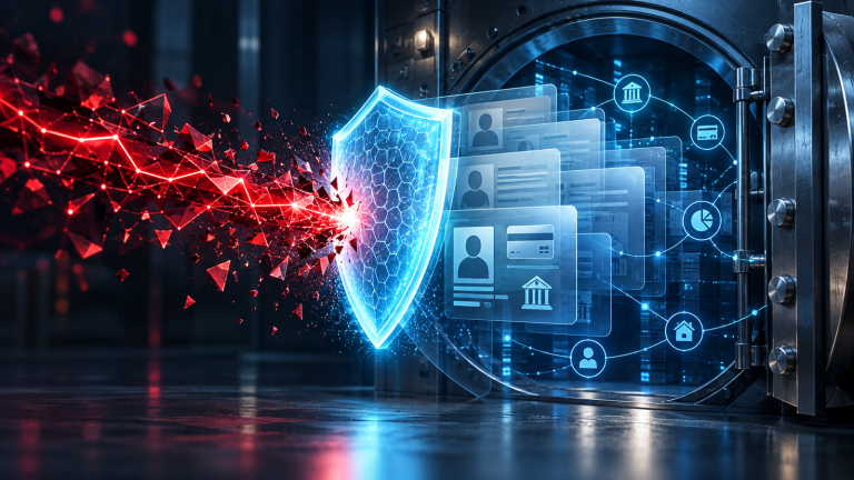 Glowing blue shield struck by red data fragments in front of customer-record cards and an open vault.