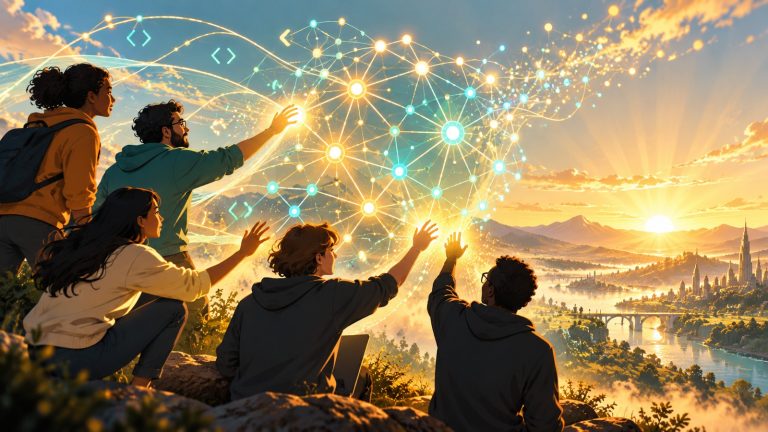 Warm optimistic abstract illustration of an open-source AI collaboration concept: a glowing neural-network lattice in warm amber and soft teal, with source-code bracket motifs and node-and-edge graphs dissolving into bright morning light rays. Original editorial artwork for The IT Guys Morning Good News story about DeepSeek releasing the DeepInfer inference framework under the Apache-2.0 licence. No text, logos, or readable interfaces.