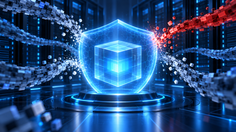 A glowing blue shield protects a transparent software cube as blue and red streams of abstract data blocks approach in a dark server room.
