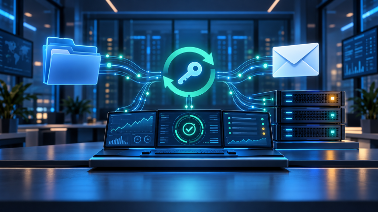 An unbranded hosting console with a blue file folder, an email envelope, server racks and a key inside circular arrows.