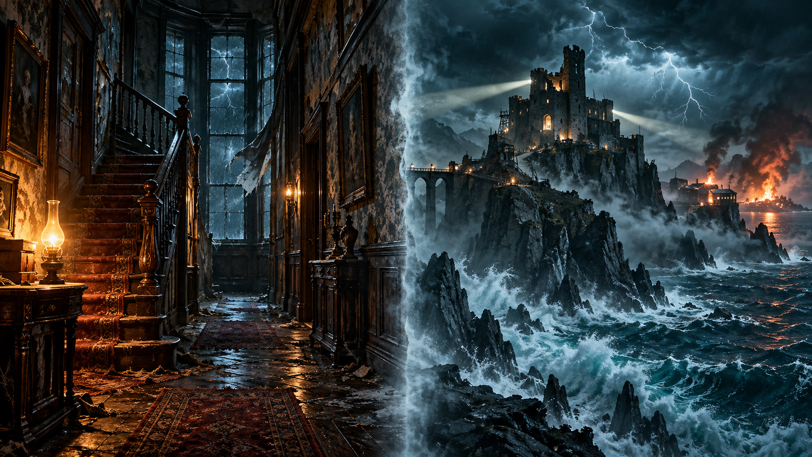 Original editorial illustration: on the left a lamplit Victorian hallway with a dark wood staircase and a tall storm-lit window; on the right a ruined stone keep above jagged surf under lightning, with a burning structure at the far right.
