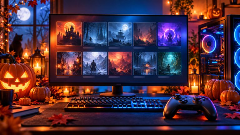 Editorial illustration of a Halloween-themed PC gaming setup with a controller, keyboard, pumpkins and a monitor showing abstract fantasy game tiles.