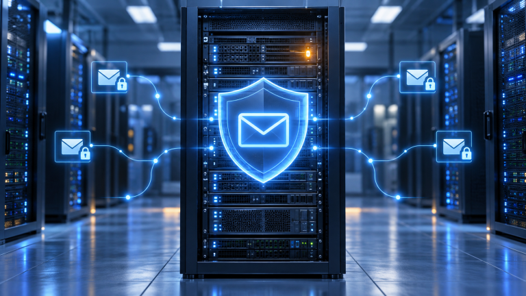 A secured on-premises email server rack protected by a glowing shield and envelope symbol, with one amber warning light.