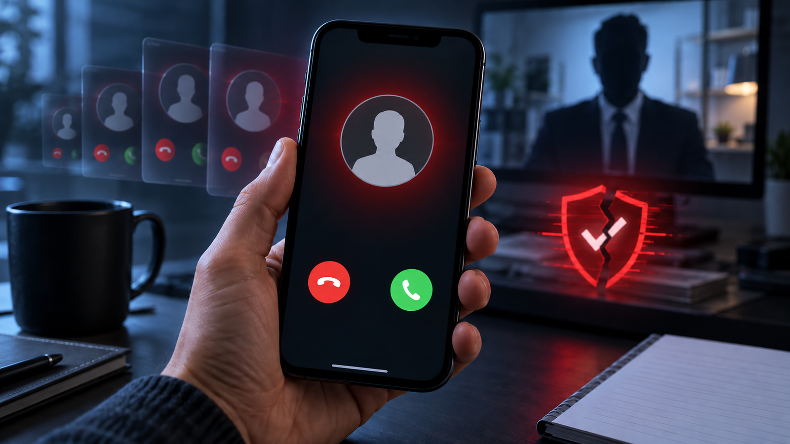 AI-generated illustration of a smartphone receiving a suspicious call, with a broken verification shield and anonymous caller silhouettes