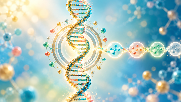 DNA helix passing through a circular biomarker checkpoint in an original science illustration