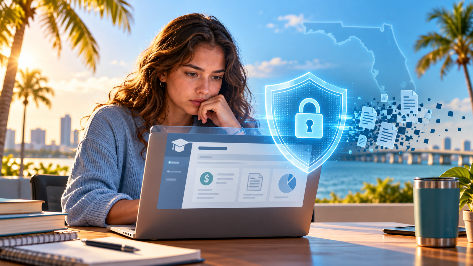 Adult student at a laptop beside the Florida waterfront with a digital lock shield and document icons.
