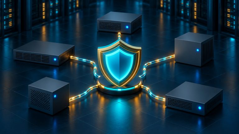 Original editorial illustration of five blank network appliances connected to a central protective shield in a server room.