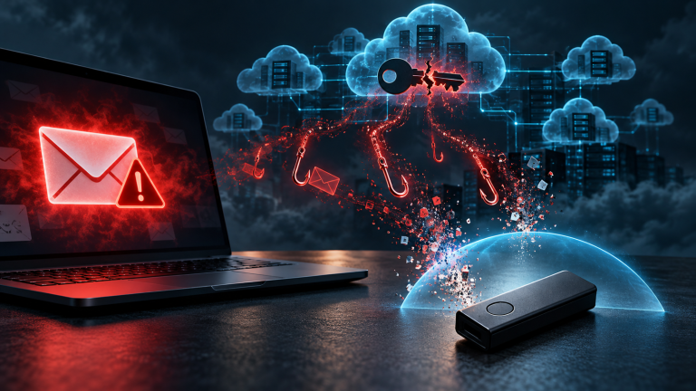 Broken API key and phishing hooks descend from a cloud while a generic hardware wallet remains behind a protective shield.