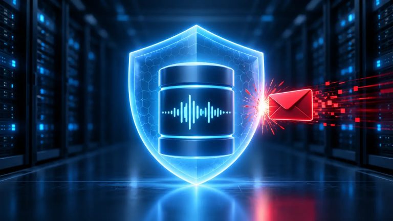 A blue communications server and audio waveform sit inside a glowing shield as a red message envelope is stopped at the boundary in a dark server room.