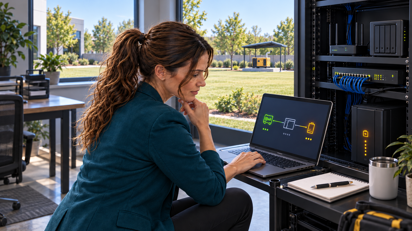 Jennifer Hudsen checks a UPS and laptop in a small-business network room, with a portable generator far outside under an open-sided canopy.