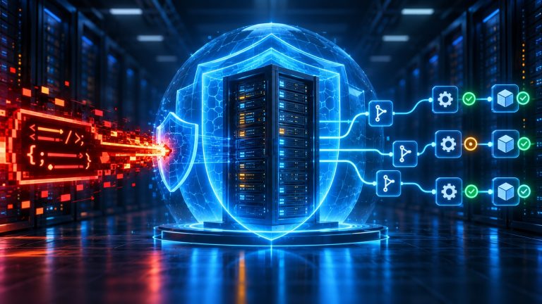 Original editorial illustration of a self-hosted code collaboration server protected by layered blue shields while a malformed red code fragment is isolated and verified pipeline nodes continue safely. Created for The IT Guys coverage of GitLab CVE-2026-110264. No text or logos.
