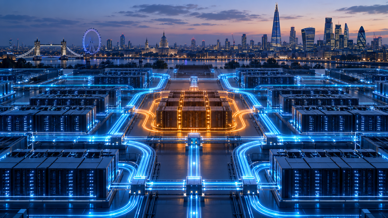 Editorial illustration of an amber-lit central data-center zone surrounded by blue network paths, with the London skyline in the background.