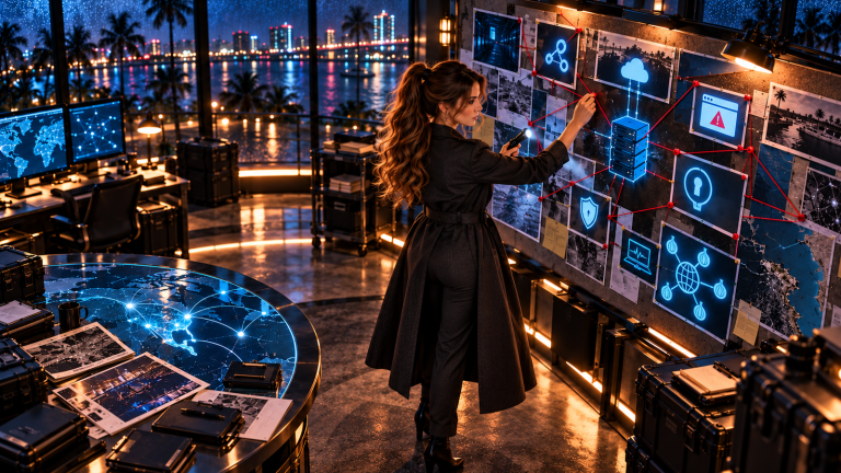 Jennifer Hudsen, a chestnut-haired AI cyber-detective in a rainy South Florida newsroom, connects defensive evidence about software supply chains, servers, browsers, WordPress keys and network trust.