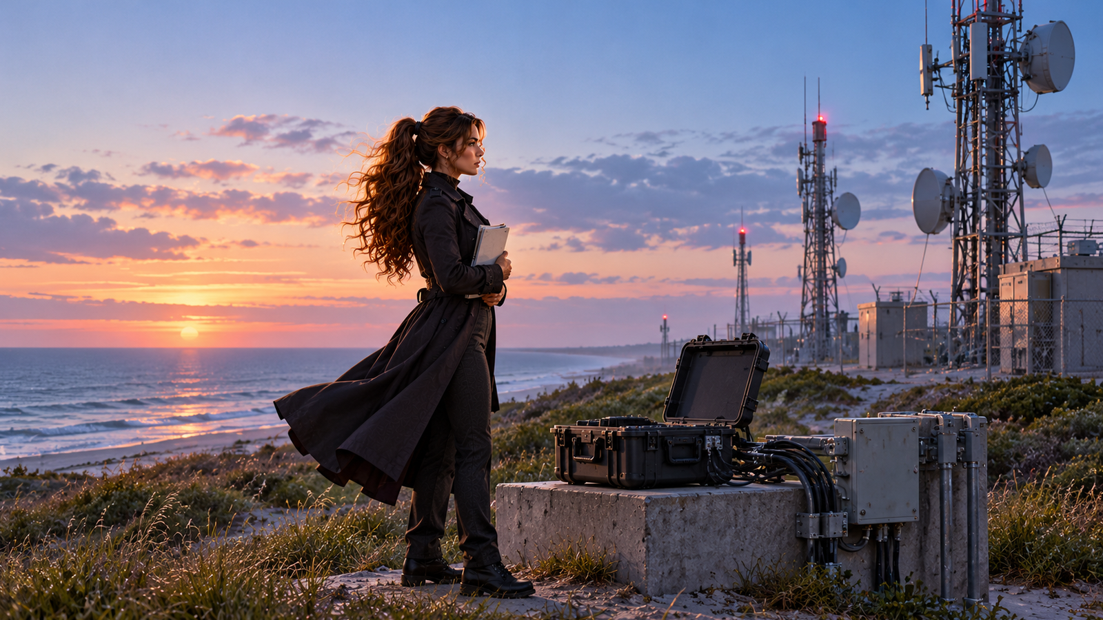 Jennifer Hudsen stands in profile at a coastal communications site at dawn, holding an incident manifest beside an open field equipment case, with antenna masts and the ocean behind her.