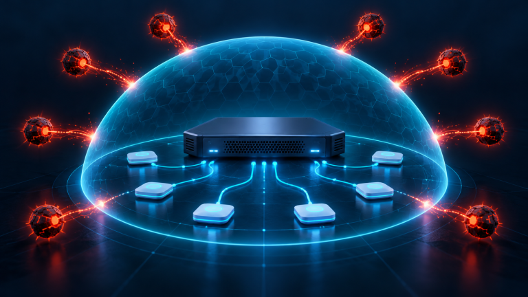Original editorial illustration of a generic wireless network controller protected by a cyan shield while eight red threat nodes remain outside.