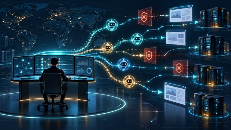 Editorial illustration of one anonymous human operator directing branching AI-agent paths toward generic web pages and server racks, with some paths stopped by security barriers.