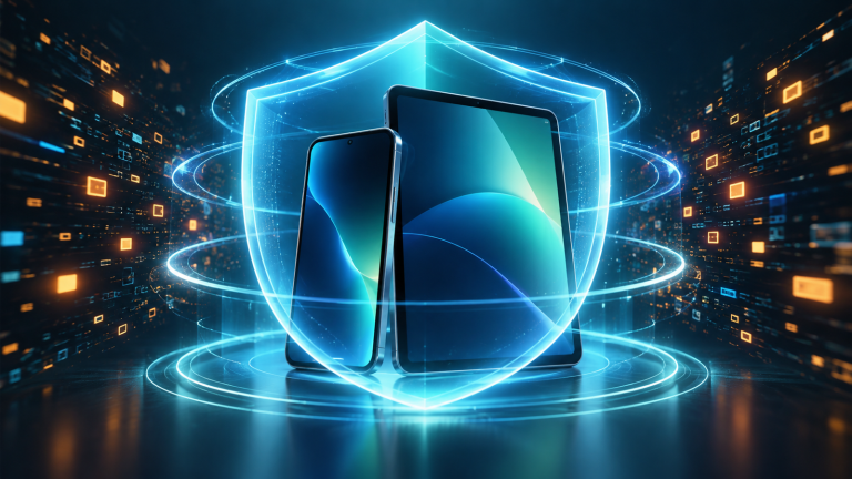 An unbranded smartphone and tablet stand inside a glowing cyan shield, with abstract amber and blue data particles contained around them.