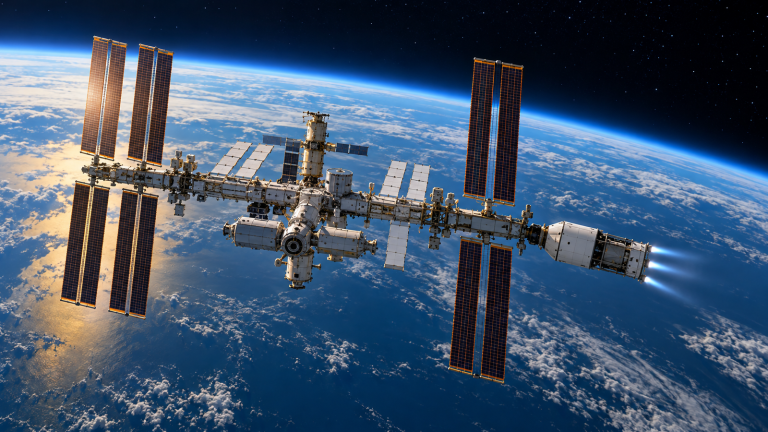 An illustrated International Space Station above Earth with an unbranded white propulsion spacecraft docked at one end and firing blue-white thrusters.