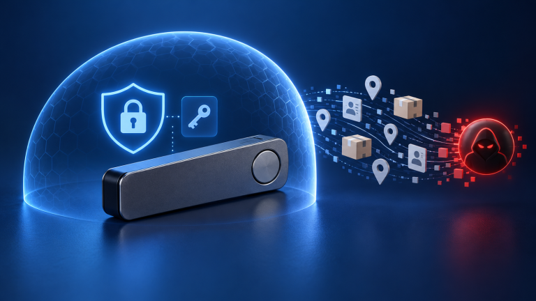 Editorial illustration of a generic hardware security device under a blue security dome, with customer shipping-data symbols leading toward a red threat icon.