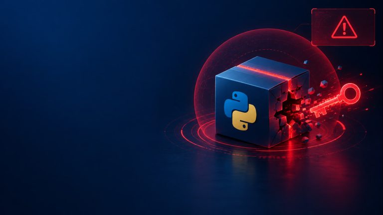 Abstract editorial cybersecurity hero: a navy-blue gradient background with a stylized Python package box shown with thin red warning seams and a small glowing crimson-red key icon breaking away from it, suggesting a credential stealer; a faint red containment ring behind the package; a small red alert tile in the upper right. The left side of the image is open negative space for an editorial headline. Original AI-generated editorial art for a tech news advisory on the LiteLLM 1.107.0 supply-chain compromise.