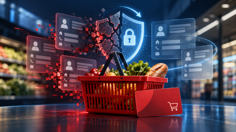 Grocery basket in front of a digital shield and abstract customer data cards.