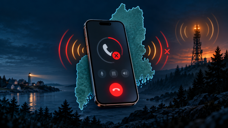 Editorial illustration of a smartphone with a failed-call symbol in front of a Maine-shaped silhouette, with radio waves, a tower, and a coastal lighthouse scene.