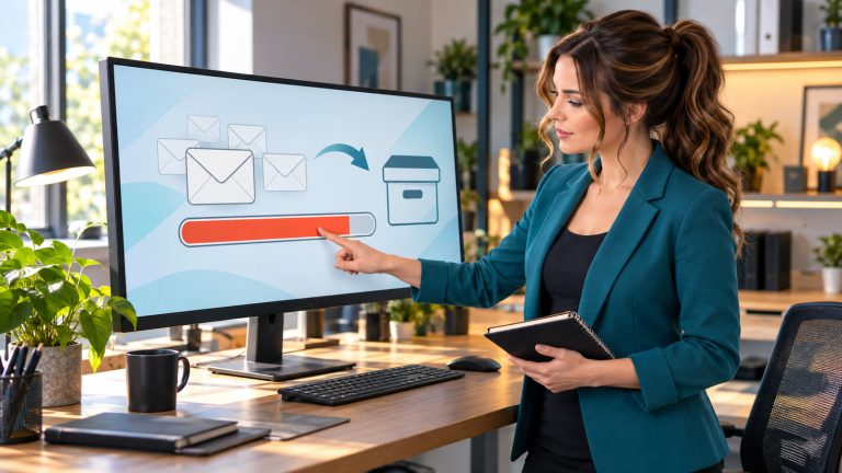 Jennifer Hudsen points to a nearly full storage bar beside generic email and archive symbols on an unbranded monitor.