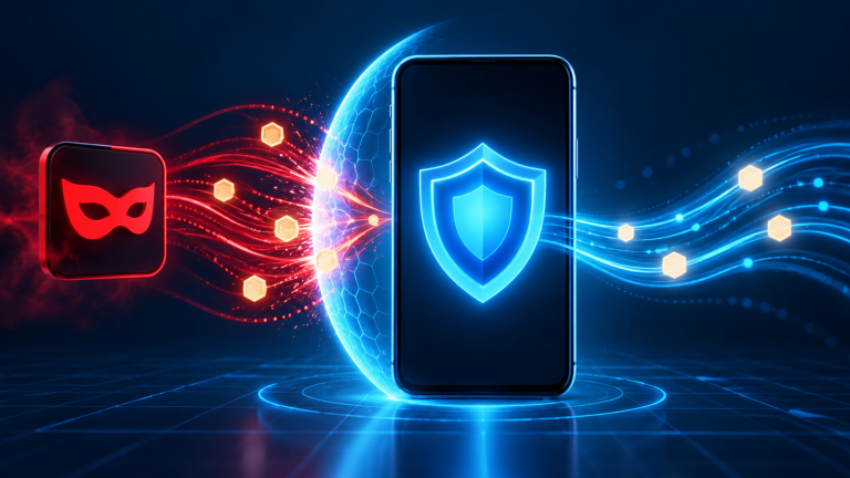 A generic smartphone with a glowing cyan shield stands between a red mask app tile and streams of blue authentication tokens.