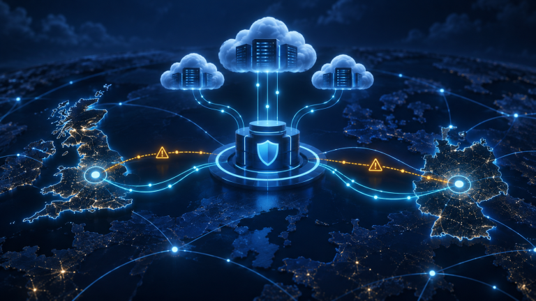 Editorial illustration of a secure cloud access gateway linking service nodes across the United Kingdom and Germany during a connectivity degradation.