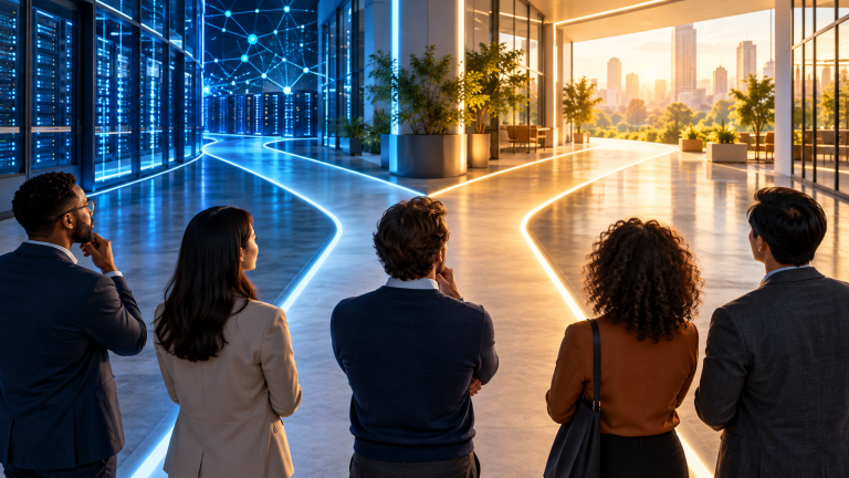 Five professionals face two illuminated paths through a modern office, one toward blue data infrastructure and one toward a sunlit city.