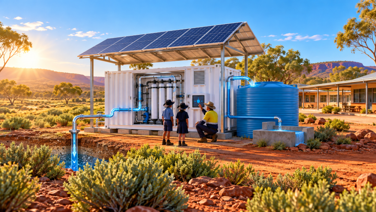 Editorial illustration of students and a technician beside a solar-powered, container-size water-treatment system and storage tank in a remote school landscape.