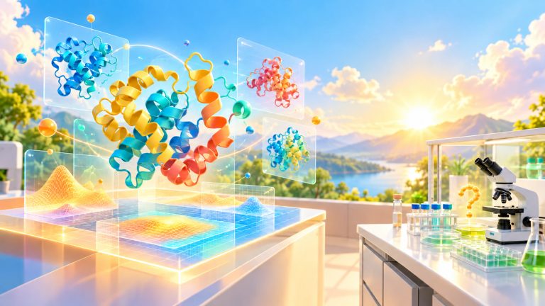 Original illustration: colourful abstract protein ribbon structures above a glowing digital design workbench on the left; on the right, a separate laboratory bench with a microscope, sample vials, and a small amber question-mark molecular marker showing that physical validation remains open.