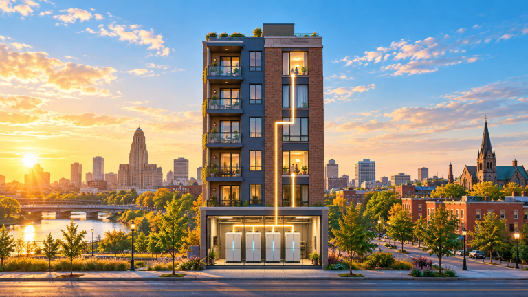 AI-generated editorial illustration of a Buffalo apartment building at sunrise, with four battery cabinets in a ground-floor room and a glowing line rising to apartment windows.