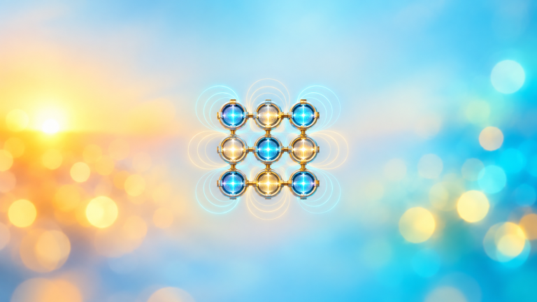 AI-generated illustration of a connected three-by-three grid of nine glowing loops with magnetic-field rings.