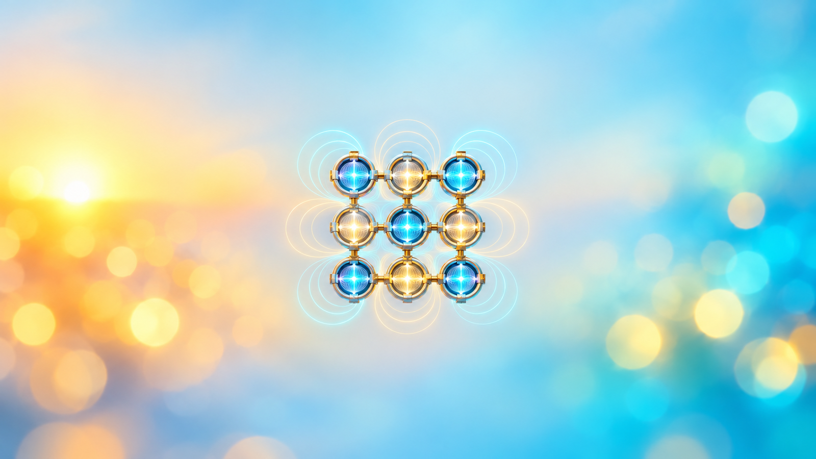 AI-generated illustration of a connected three-by-three grid of nine glowing loops with magnetic-field rings.