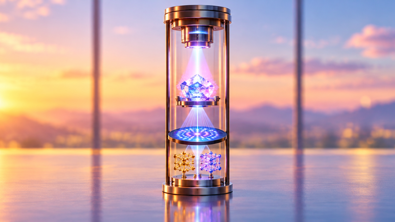 Generated illustration of a compact X-ray research tower illuminating a crystal sample above two atomic lattice models.