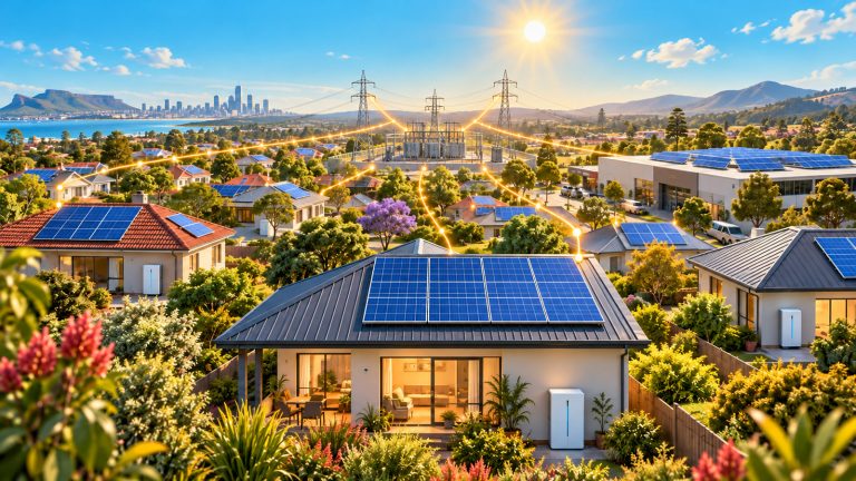 Original editorial illustration of many sunny Australian homes and a small business with rooftop solar panels, home batteries and power lines converging on a shared electrical grid.