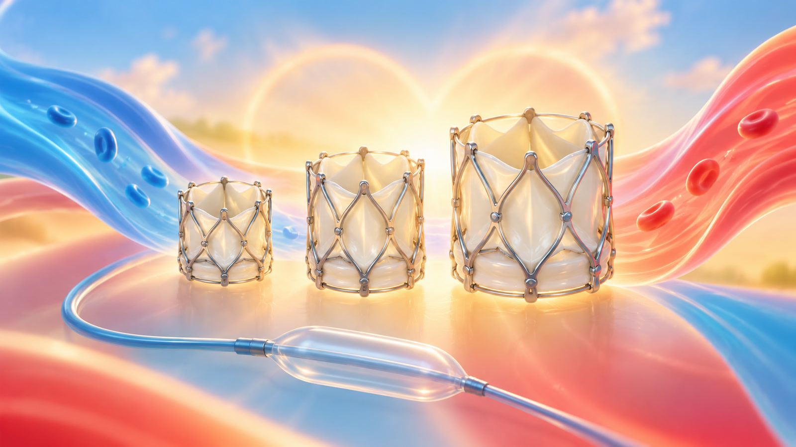 Original editorial illustration of three progressively larger heart-valve frames beside an abstract balloon catheter, with red and blue flow ribbons in a warm sunrise scene.