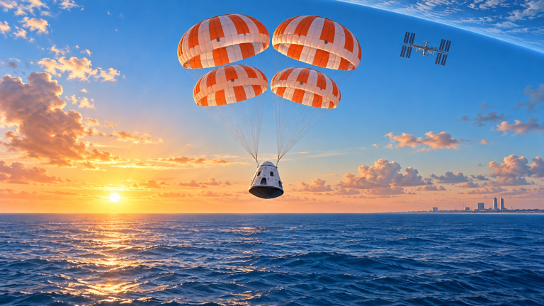 Editorial illustration of a crew capsule descending beneath four orange-and-white parachutes toward an ocean at sunrise