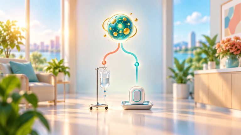 Original editorial illustration of a teal-and-gold biomarker sphere branching toward a small IV bag and a compact treatment device in a bright sunlit clinic.