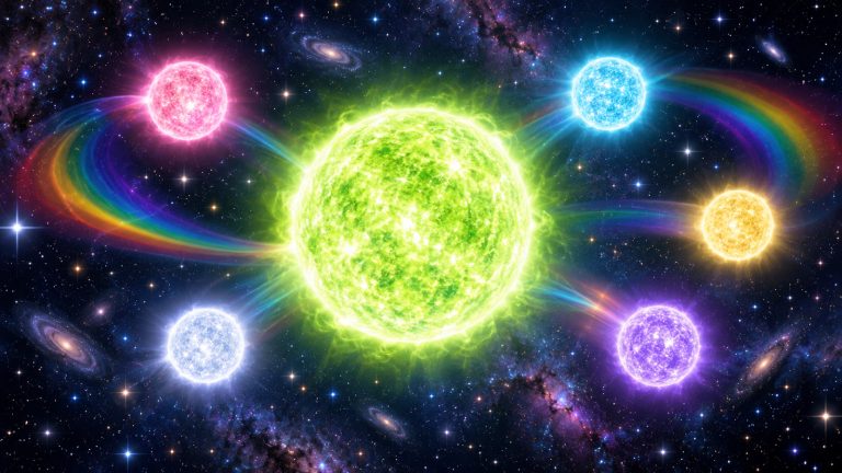 Original editorial illustration of a bright chartreuse-green star centered among smaller pink, cyan, yellow, purple, and white stars in a colorful starfield.