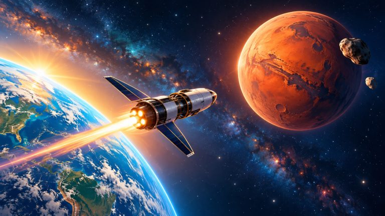 Original editorial illustration of a fictional spacecraft leaving Earth for Mars, with Phobos and Deimos nearby.
