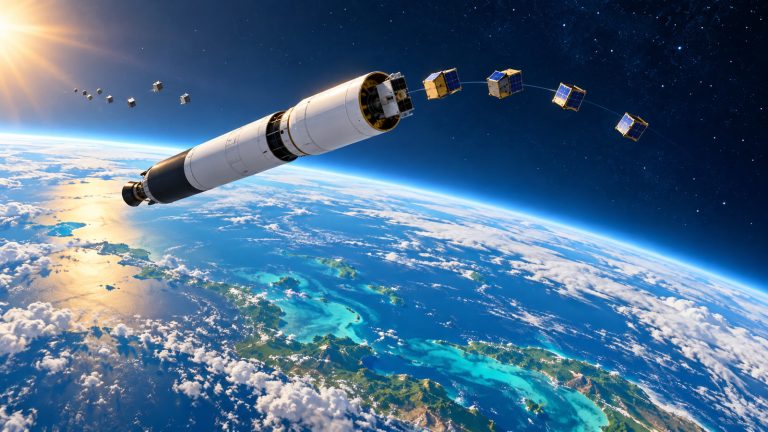 Original editorial illustration of a generic rocket upper stage above Earth releasing five gold-and-blue small satellites in a widely spaced orbital sequence, with a small group of secondary CubeSats behind it.